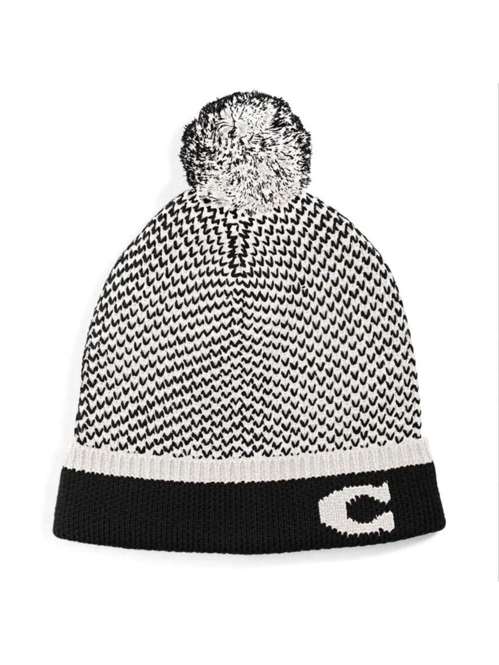 COACH BLACK WHITE COLOR BLOCK KNIT HAT POM POM